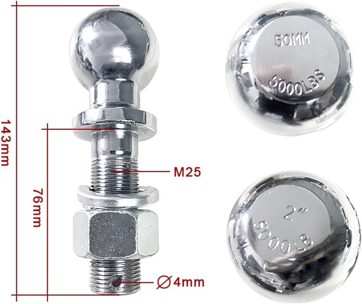 Trailer Hitches, Chrome Extended Long Dia Hitch Mount Tow Ball Capacity 5000Lbs Coupling Trailer Parts RV Camper Caravan Accessories(50mm Ball)