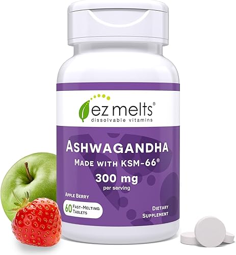 EZ Melts Ashwagandha KSM-66 soluble, 300 mg, sin azúcar, suplemento para el estrés, el sueño y el estado de ánimo, suministro para 30 días, sabor a
