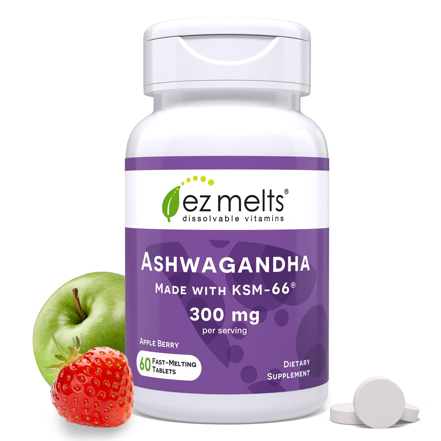 EZ Melts Dissolvable KSM-66 Ashwagandha, 300 mg, bez cukru, Stres, spánok a podpora nálady doplnok, 30-Deň dodávky, Apple Berry-Flavor - 1 balenie