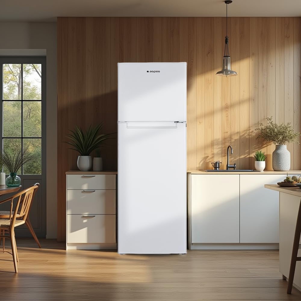 Aspes Refrigerador Blanco, 2 Puertas. AF17601E, Capacidad 304 Litros, Cíclico, Motor Universal, 70 dB, Puerta Reversible, Apertura Tipo Uñero, Clasificación Energética E