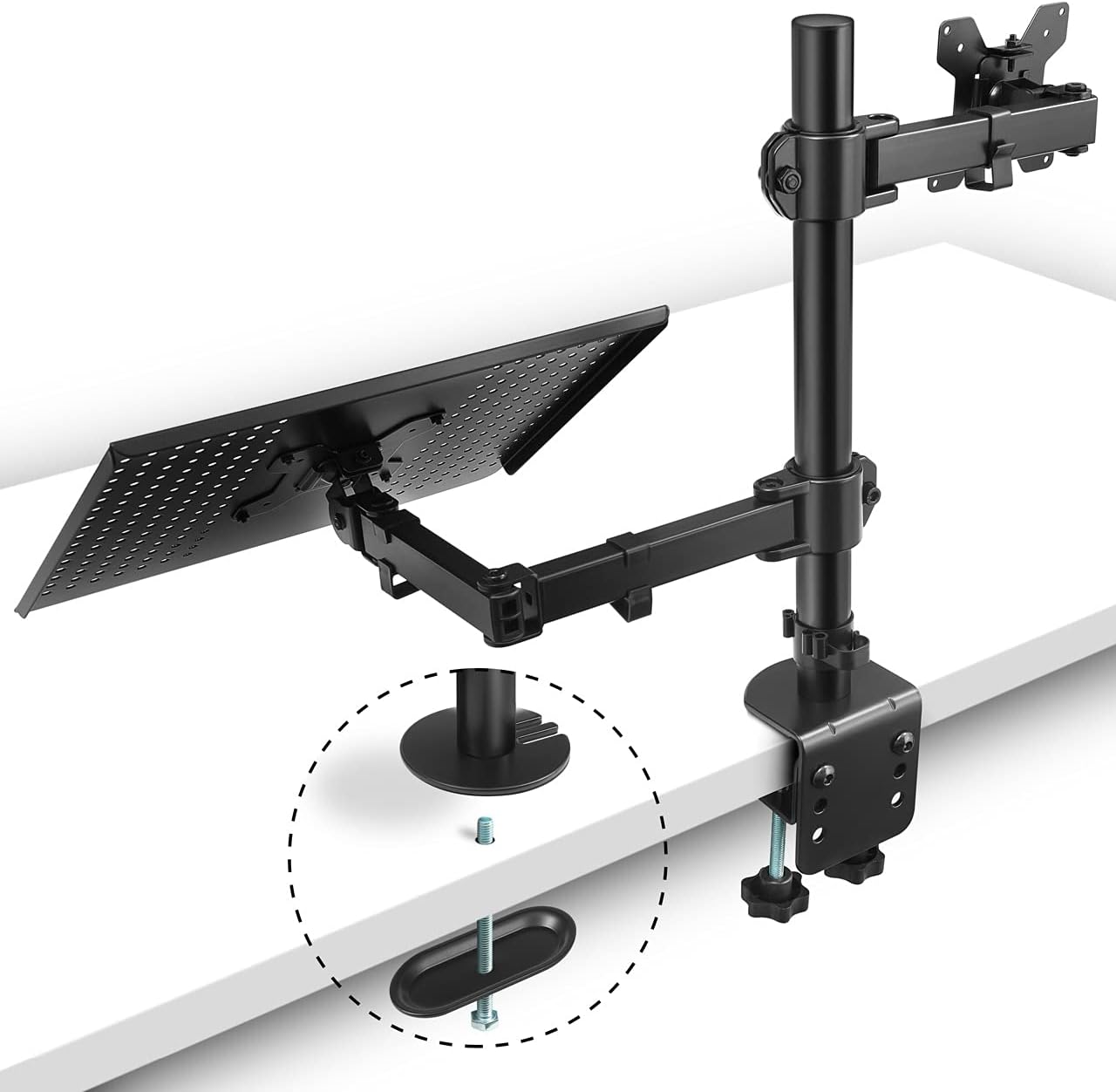 ENAVANT Metal Adjustable Single Monitor Stand with Laptop Tray, Fit 13 To 27 Inch LCD Monitor and Up to 17” Laptop, Adjustable Height, Tilt, Swivel, 360 Degree Rotation (Single Monitor Arm and Laptop