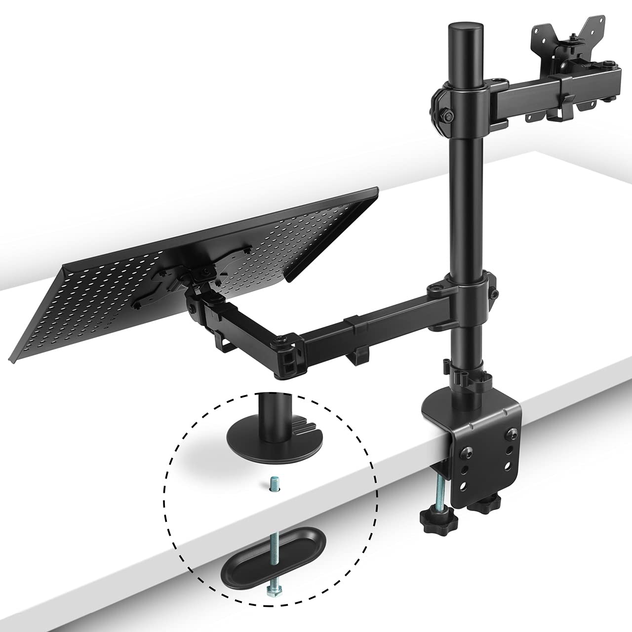 ENAVANT Metal Adjustable Single Monitor Stand with Laptop Tray, Fit 13 To 27 Inch LCD Monitor and Up to 17” Laptop, Adjustable Height, Tilt, Swivel, 360 Degree Rotation (Single Monitor Arm and Laptop