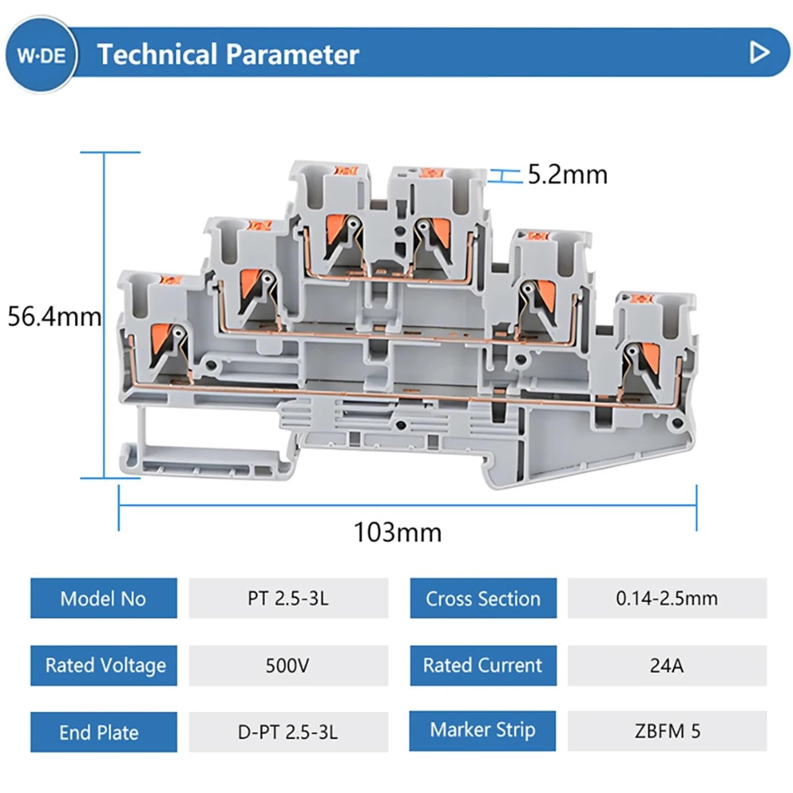 50 pezzi PT2.5-3L Din Rail Morsettiera Connettore elettrico Triplo strato Molla Cablaggio Collegamento Filo Conduttore Morsettiera(GRAY)