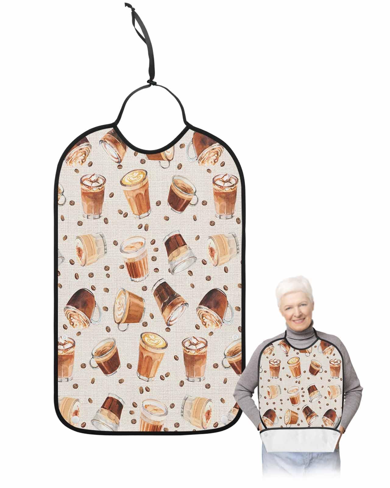 LEOKOTI Coffee Adult Bibs for Eating, Waterproof Bibs with Food Catcher & Adjustable Snap Closure, Farmhouse Country Brown Coffee Beans Washable Clothing Protectors Adult Bibs for Elderly Women/Men
