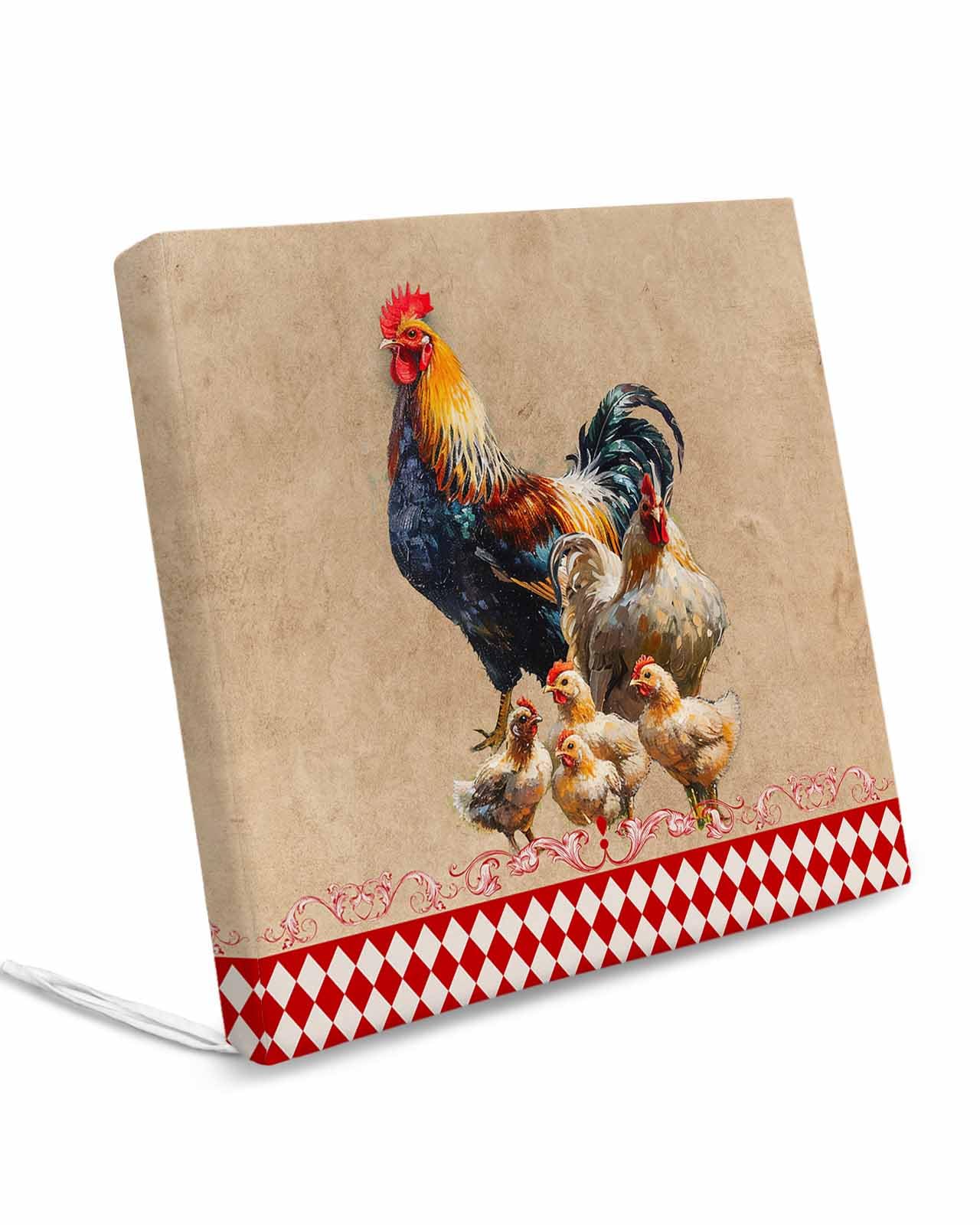 Homechoid Farmhouse Chick Indoor Outdoor Couch Cushion Covers Replacement 2 Pack, Brown Plaid Retro Animal Rooster Waterproof Chair Sofa Seat Cover with Ties 22x20x4