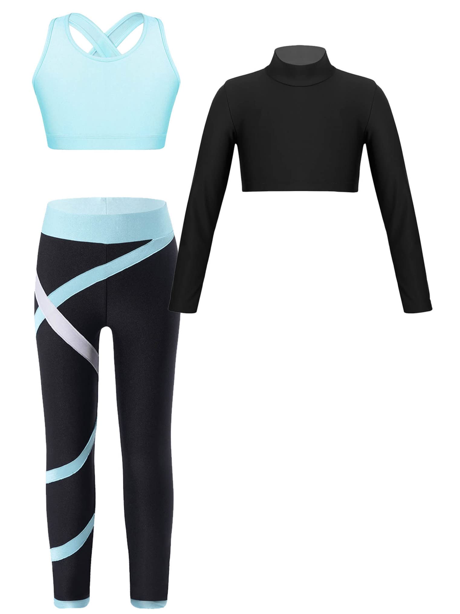 FreebilyKids Girls Activewear Set Turtleneck Crop Top with Sports Bras and Leggings Set Dance Gym Yoga Athletic Tracksuit
