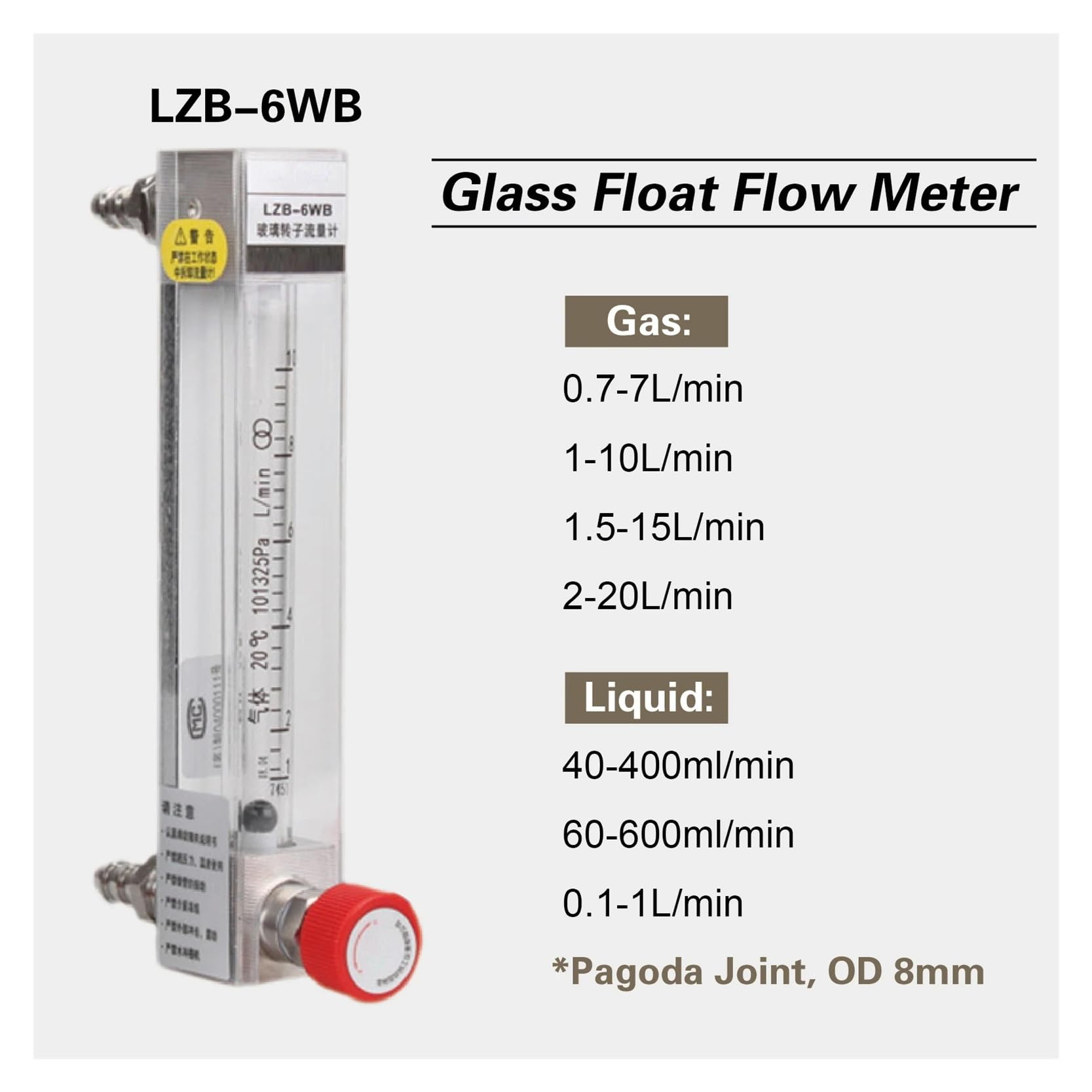 Caudalímetro Rotámetro de Tubo de Vidrio LZB-6WB, caudalímetro de Aire, líquido y Agua, caudalímetro de Flotador Ajustable for Uso Industrial.(2-20L-min)