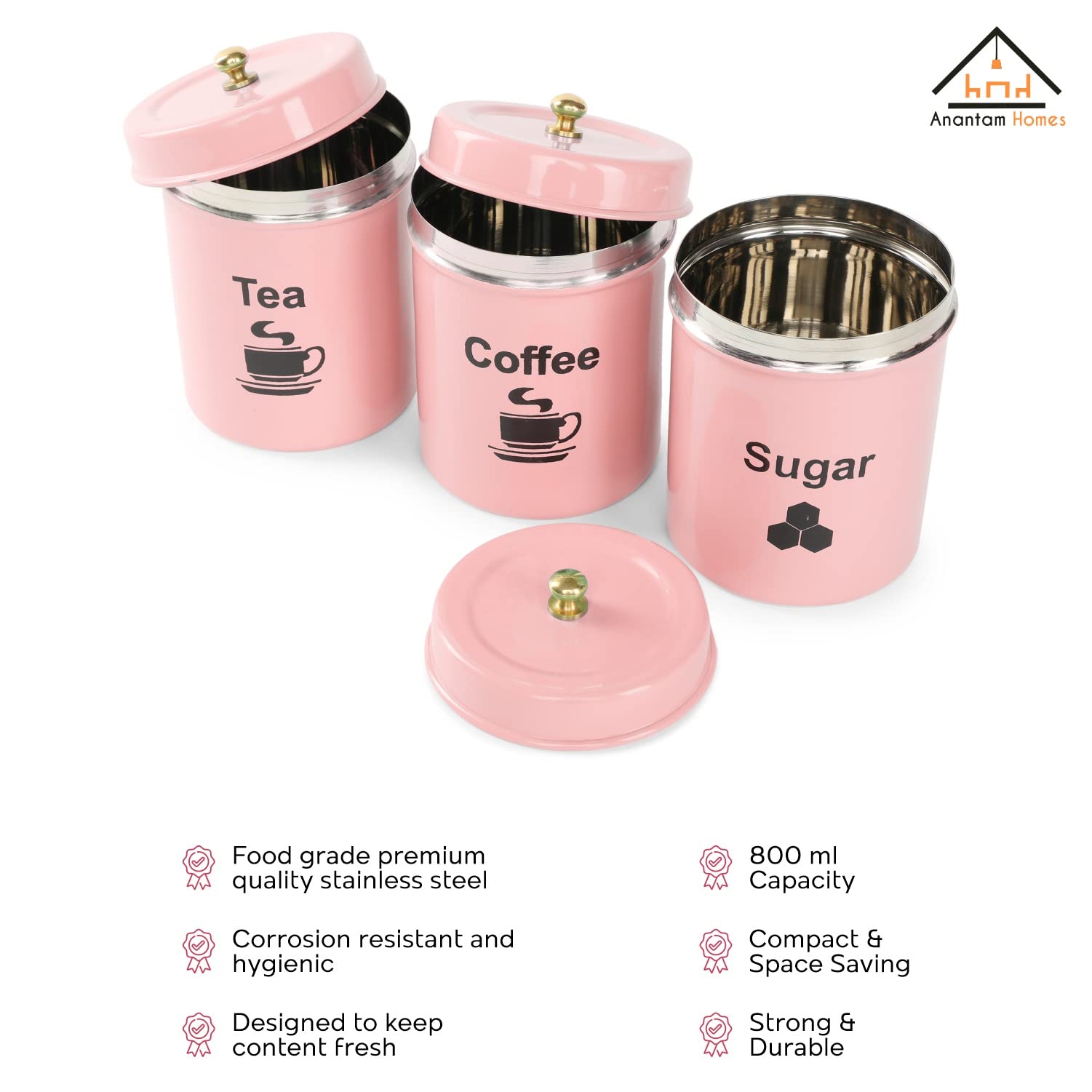anantam homes Tarro de acero inoxidable | Contenedor | Juego de recipientes para té, café y azúcar | Juego de 3 recipientes para té, café y azúcar | 800 ml cada uno (TCS-rosa claro)