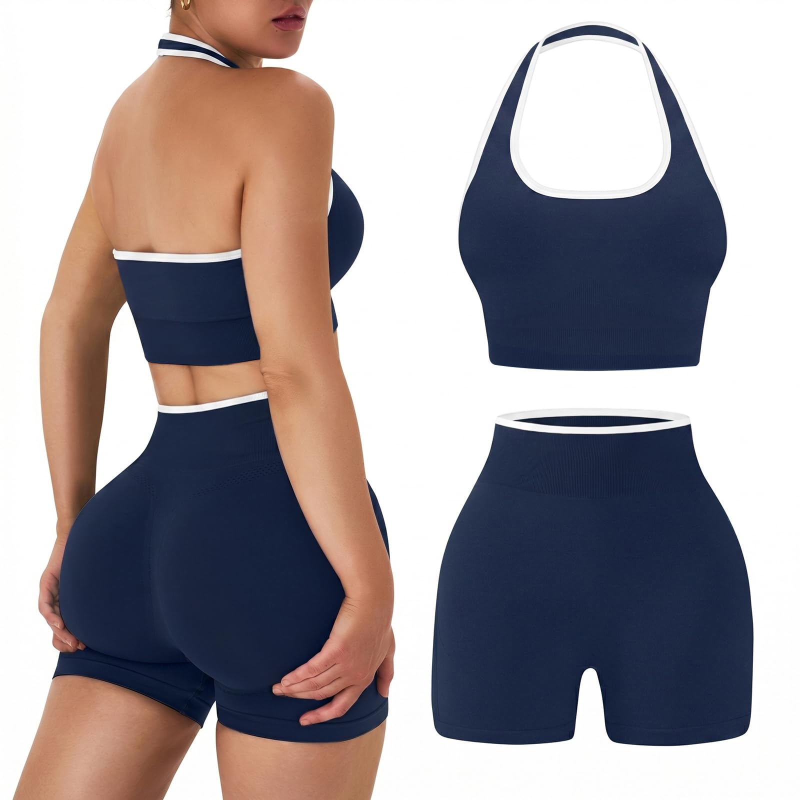 Womens Workout Sets 2 Piece Halter Sports Bra Scrunch Butt Shorts