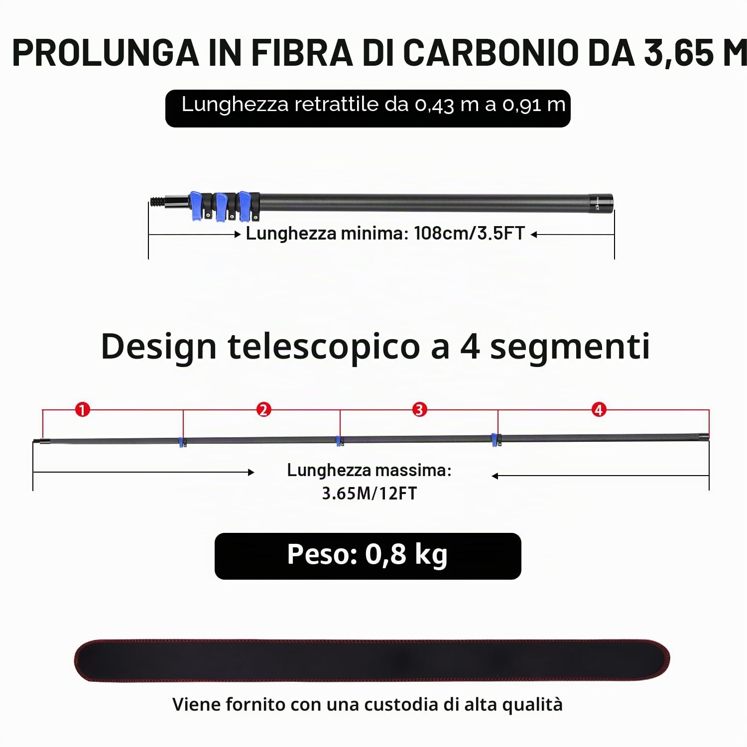 Asta telescopica in fibra di carbonio, 1,12-3,60 m, aste di prolunga per la pulizia di rulli di vernice, asta telescopica leggera e stabile per lavori di pittura con testa filettata universale