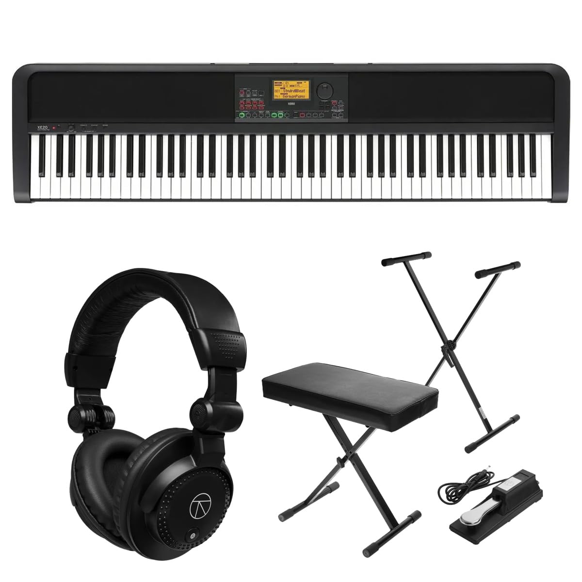 KORG XE20 88-Key Home Digital Ensemble Piano Bundle with Keyboard Stand, Sustain Pedal, H&A Closed-Back Studio Monitor Headphones