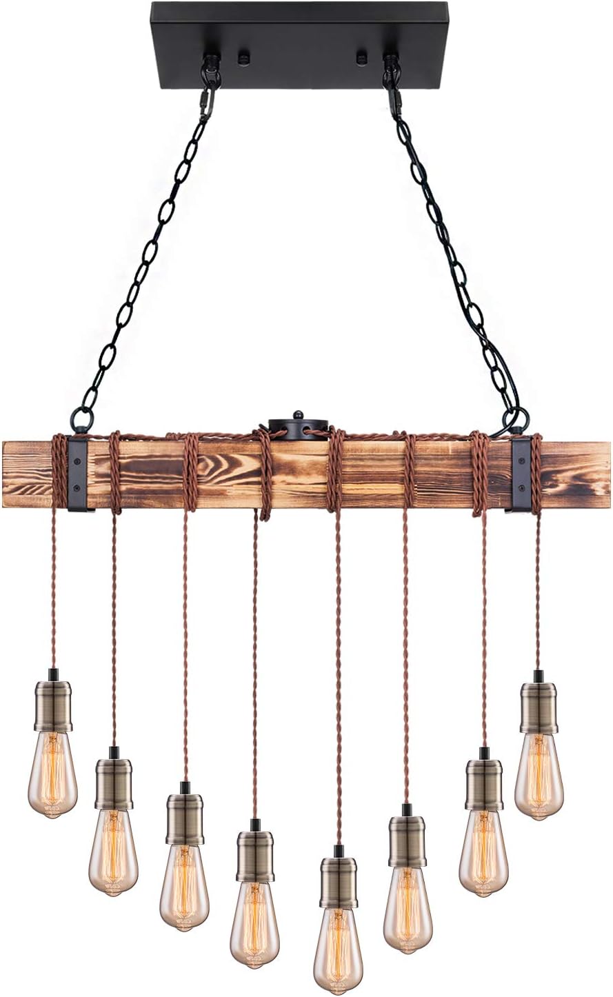 Pynsseu Industrial Kitchen Island Pendant Light with 8 E26 Bulb Sockets, Rustic Black and Brown Wood Hanging Pendant Lighting Fixture for Home Hanging Decor