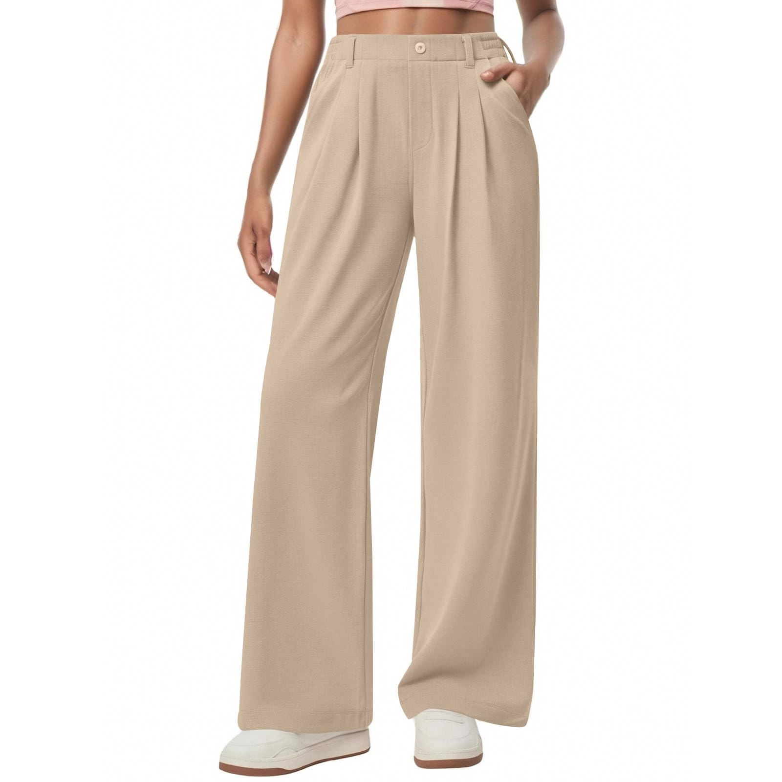 Petite Dress Pants for Women Wide Leg Palazzo Pants Business Casual Elastic High Waisted Work Pant with Pockets