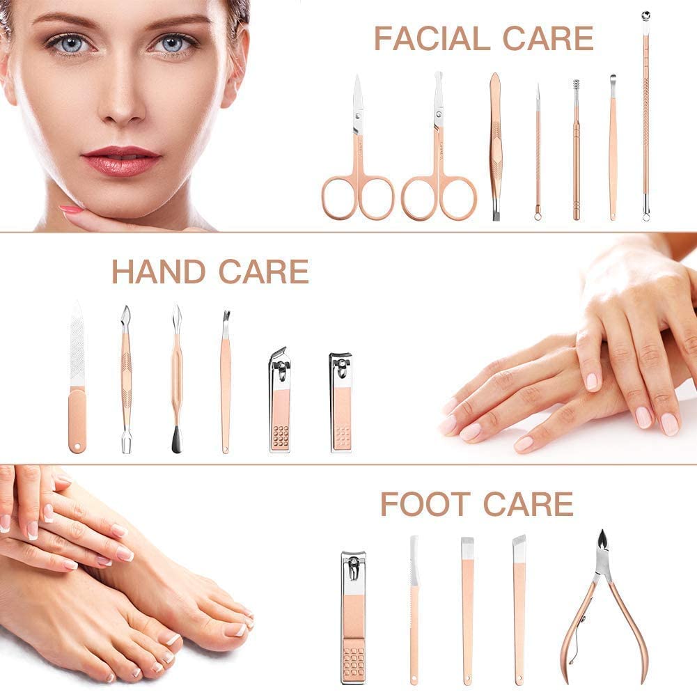 SKYBUCKET 18 IN 1 Stainless Steel Professional Manicure & Pedicure Kit For Women Includes Scissors A Nail cutter, Acne Remover needle, Blackhead Tool With Leather Case 1