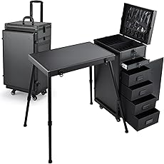 Joligrace Rolling Manicure Table Makeup Case Foldable Nail Desk 5 Drawers Cosmetology Case on Wheels with Brush Pouch for Technician Workstation Mobile Makeup Artist Trolley, Black