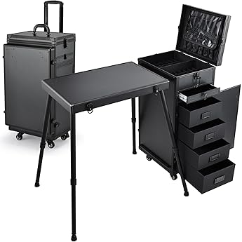 Joligrace Rolling Manicure Table Makeup Case Foldable Nail Desk 5 Drawers Cosmetology Case on Wheels with Brush Pouch for Technician Workstation Mobile Makeup Artist Trolley, Black