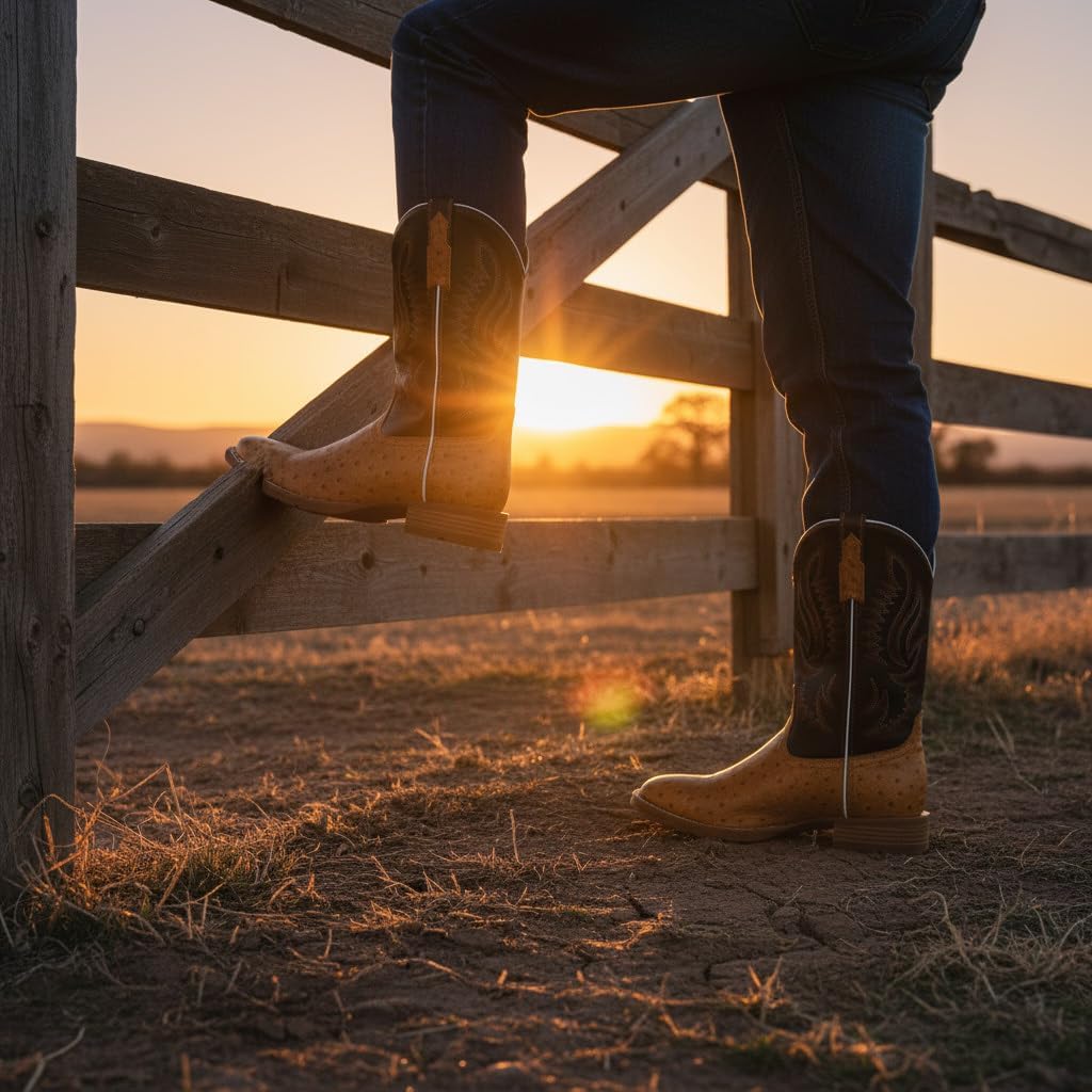 SUREWAY Men‘s Full Grain Leather Cowboy Boots with Ostrich Pattern，Square Toe Embroidery Western Boot, Oil and Slip Resistant， Durable 10-Inch Pull-On Wellington Boots for Men - Image 3