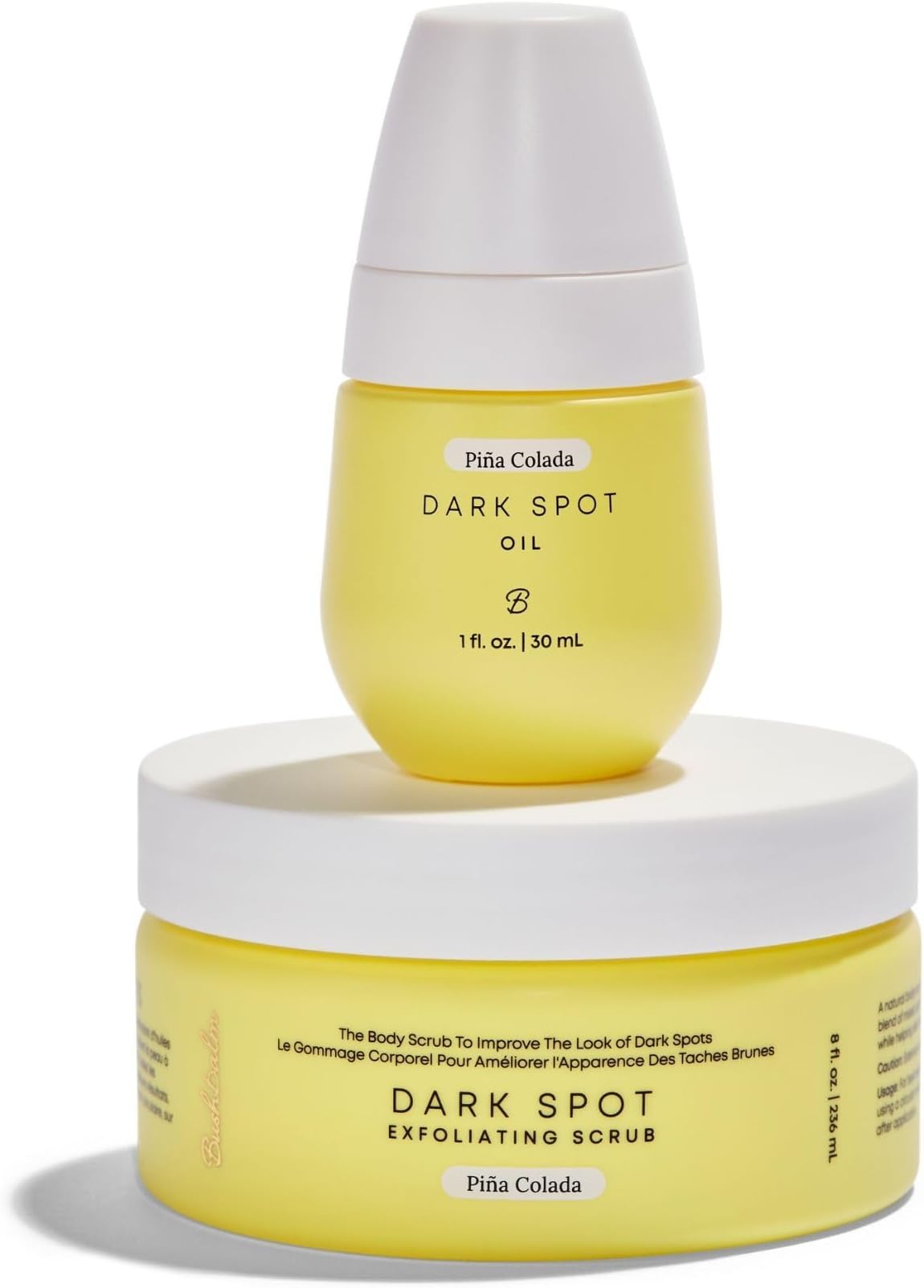 Bushbalm Dark Spots and Ingrown Hair Oil 2 Step Routine - Improve Appearance of Dark Spots and Ingrown Hair, Hydrates Skin - Oil (30 ml) and Exfoliating Scrub (236 ml) - Piña Colada