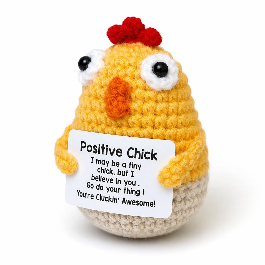 SWJing Positive Chick Crochet Decor with Encouragement Card, Handmade Style Mini Chicken Ornament, Inspirational Gift for Friends and Coworkers, Desk Decor, Pocket Sized Crochet Keepsake