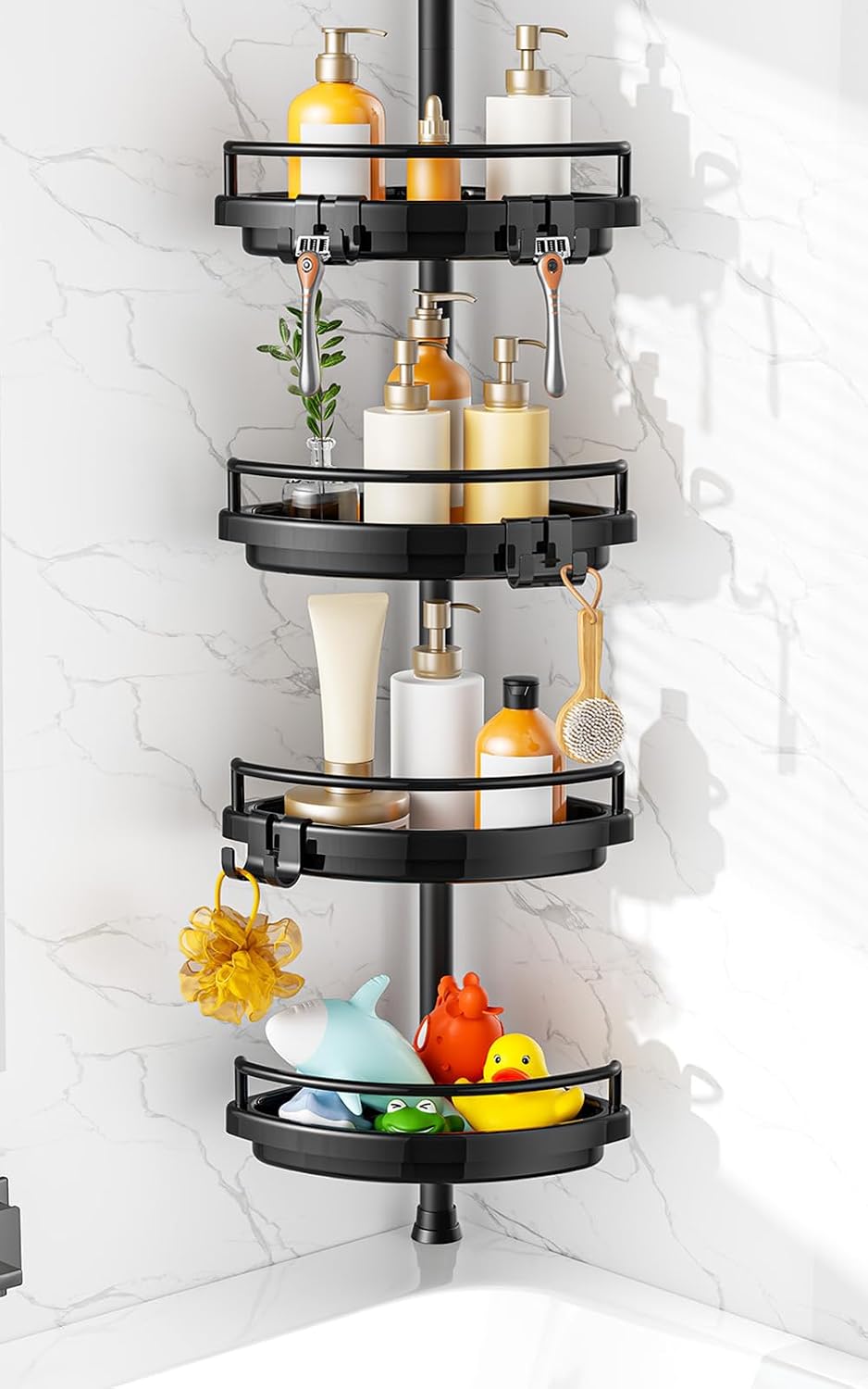 HAMITOR Corner Shower Caddy Tension Pole: Adjustable Stainless Steel Shower Organizer 4 Tier Shelf for Bathroom Bathtub Shampoo - Floor Standing Rack Bath Storage Holder with Rust Proof Rods - Black