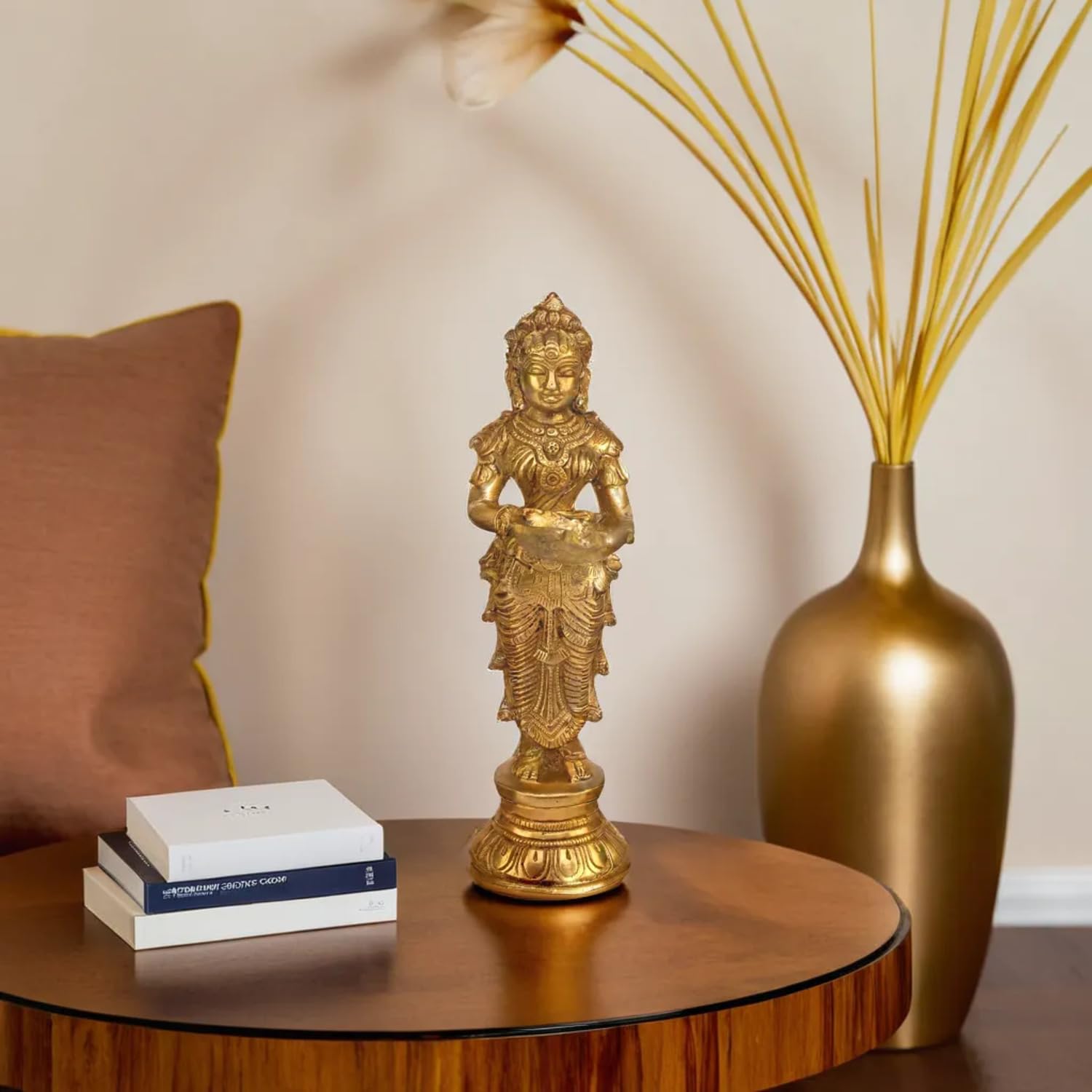 Kartique Devi Meenakshi Holding Oil Lamp Deep Laxmi Brass Diya Height 9