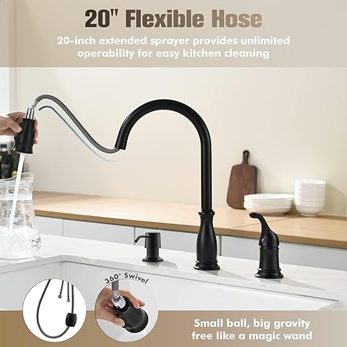 Vista 42 de APPASO Grifo de cocina de 3 agujeros con rociador desplegable de níquel cepillado, grifo de cocina de 3 piezas con dispensador de jabón y mango