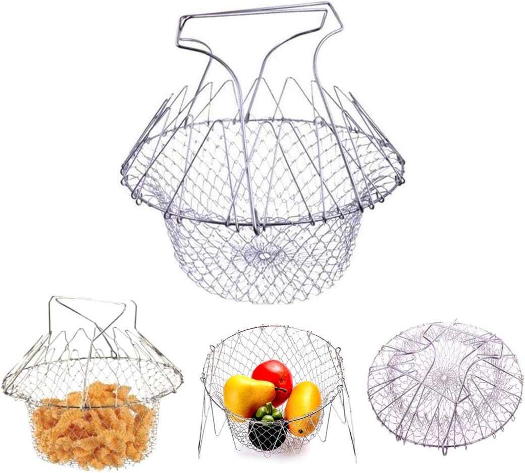 WAFJAMF Deep Fry Basket – 304 Stainless Steel – Multi-Function Foldable Chef Cooking Strainer, Flexible Kitchen Tool for Fried Food, Washing Fruits, Vegetables WAFJAMF Deep Fry Basket – 304 Stainless Steel – Multi-Function Foldable Chef Cooking Strainer, Flexible Kitchen Tool for Fried Food, Washing Fruits, Vegetables