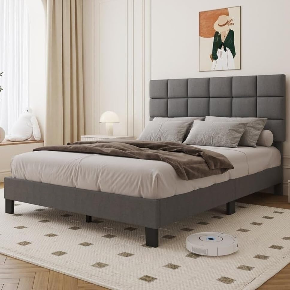 Image of Wooden Modern Upholstered King Size Bed for Bedroom | Wooden Double Bed Without Storage | Platform Cot Upholstered Bed with Upholstery Fabric | Engineered Wood | 6.5 x 6 Ft | Light Grey