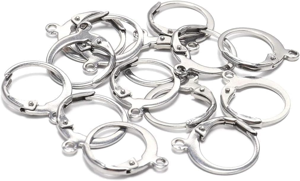 20 Pieces Surgical-Grade Stainless Steel Lever Earring Hooks - Open Loop Findings with 14×12mm Hoop Bases for DIY Jewelry Making Supplies (Silver)