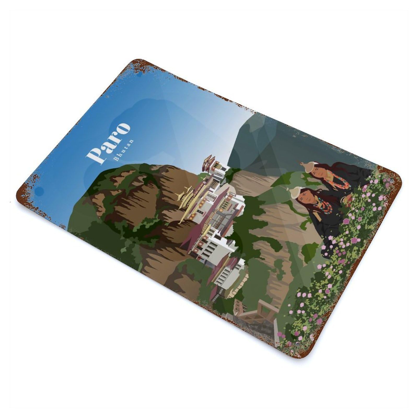 Travel to Paro Vintage Wall Sign 11.8"x7.9", Rust Effect Metal Decor for Office, Studio And Wall Decor