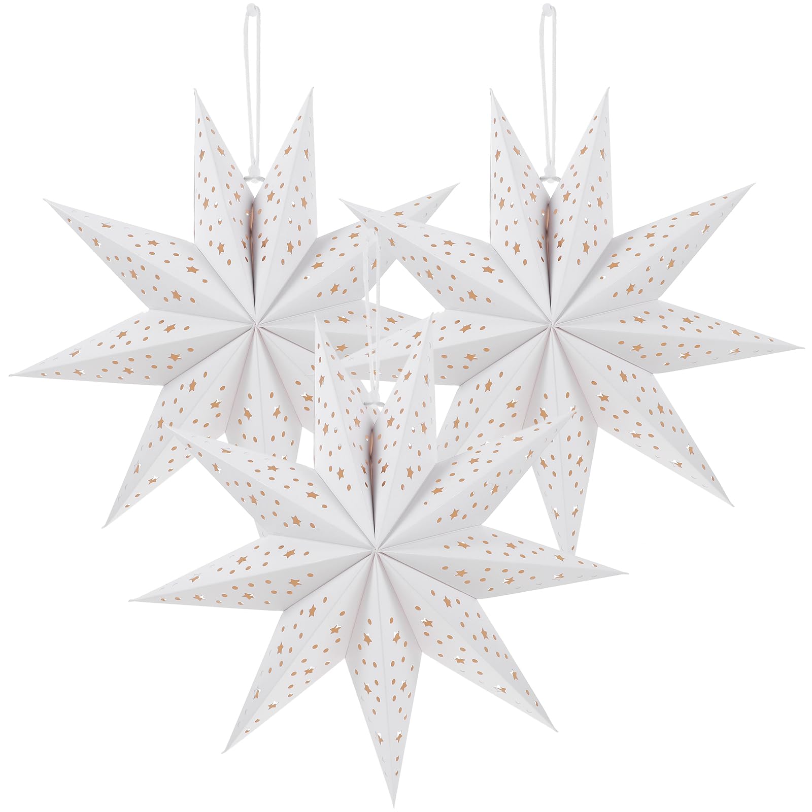 minkissy 3pcs Christmas Star Lamp Shade Hollow Out 9 Pointed Paper Star Lantern Ceiling Hanging Lamp Shades Covers Pendant for Xmas Wedding Holiday Party White