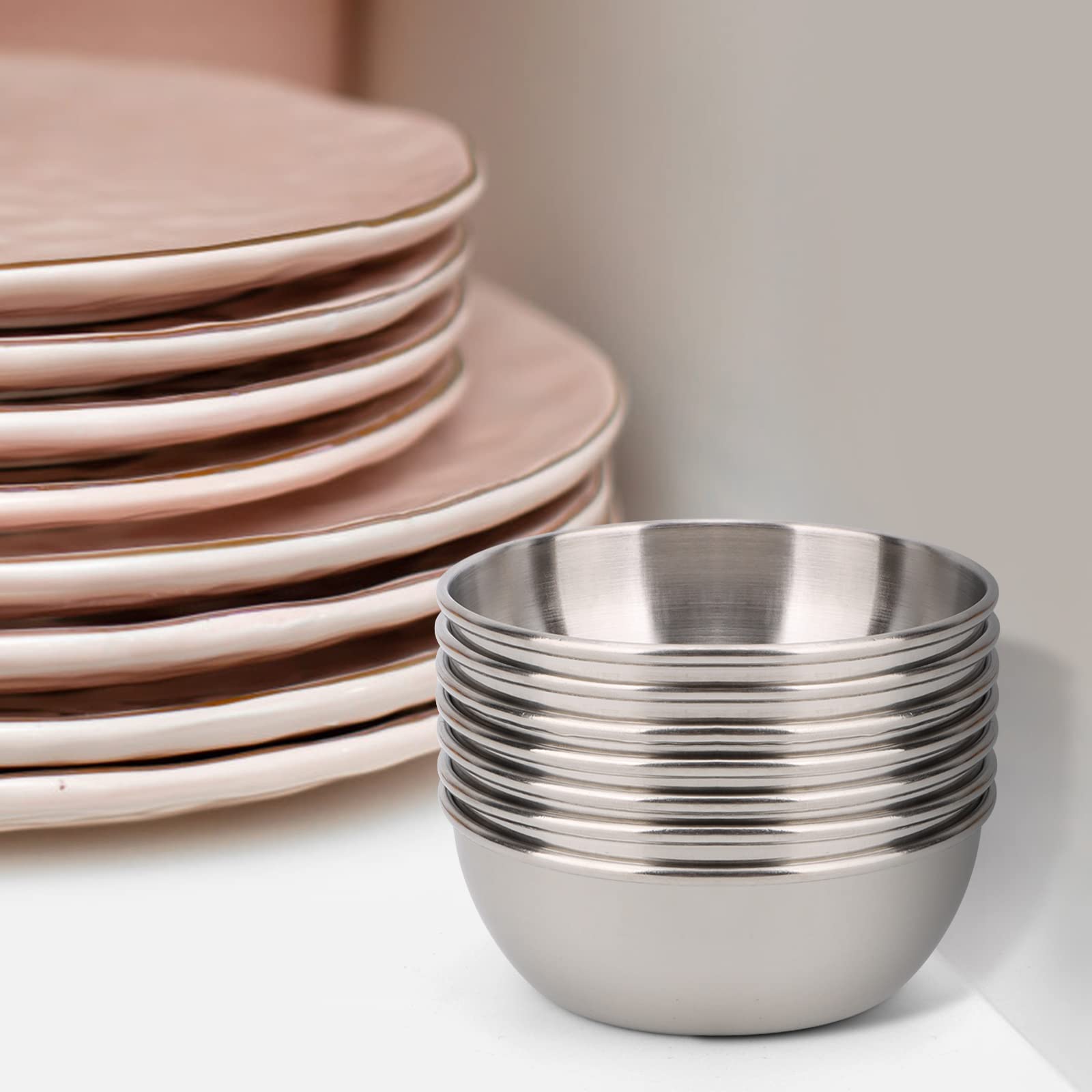 Juego de 8 platos de salsa de 3.2 pulgadas, cuencos pequeños de 2 onzas, mini platillos de acero inoxidable para cocina, preparación, guarnición, salsa de soja, sushi, condimentos, condimentos