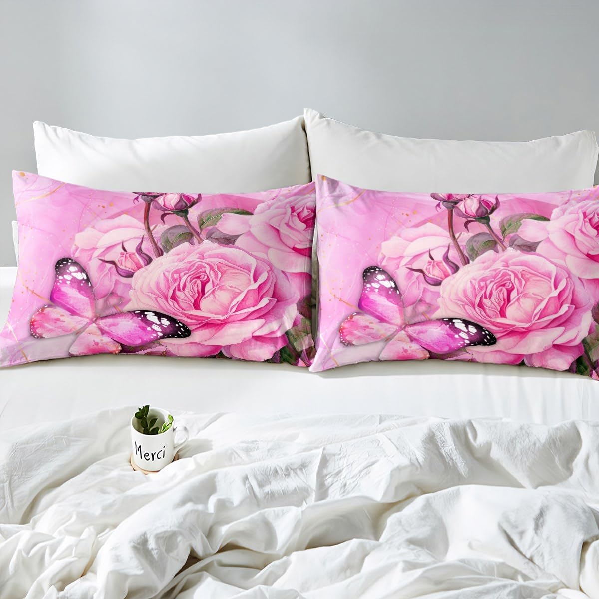 jejeloiu Pink Rose Floral Sheet Set King Size Couple Butterfly Sheets with Deep Pocket Fitted Sheet for Lover Blossom Flowers Romantic Floral Bed Sheets Set Botanical Valentine's Day Bedding Set