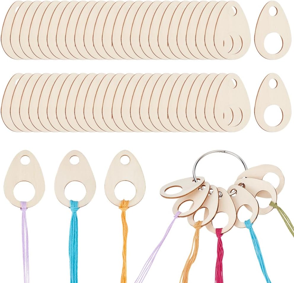 BENECREAT 100pcs Teardrop Wood Thread Drops, 1.9x1.3inch Wood Cross Stitch Thread Organization with Floss Ring for Craft DIY Sewing Storage, 2mm Thick