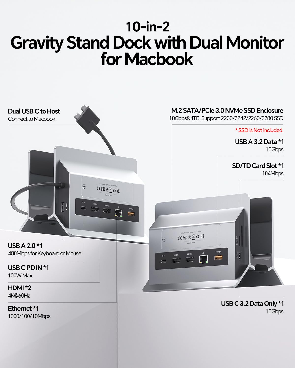 MacBook Dockingstation für Dual Monitore, Dual USB-C Laptop Docking Station mit 2 HDMI 4K@60Hz, USB A/C 10 Gbit/s, Ethernet, NVMe SSD Gehäuse, SD/TF Vertical Dock Ständer für MacBook Air/Pro M3 M4 M5 | PULWTOP Laptop Docking Station mit 2 HDMI, USB A/C 10