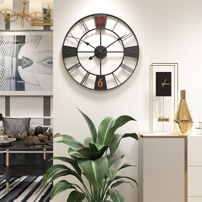 Miniatura 3 de Reloj de pared silencioso redondo de metal creativo, funciona con pilas, fácil de leer, para dormitorio, sala de estar, pared (negro, 19.7 x 19.7 in)