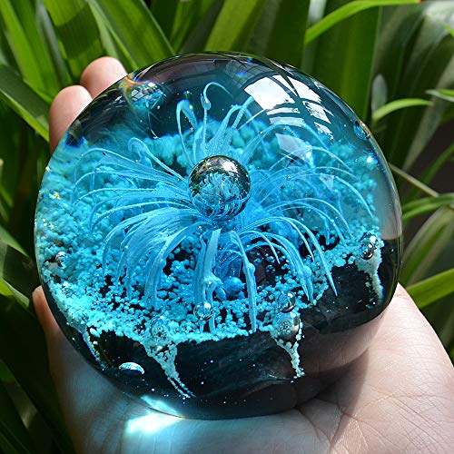 EUSTUMA Hand Blown Glass Blue Flower Sphere Figurine,Paperweight Glass Ball,Sea Plant Ornament for Fish Tank Aquarium,Sea Plant Collection for Birthday Gift,Glass Paperweight - Thumbnail 7