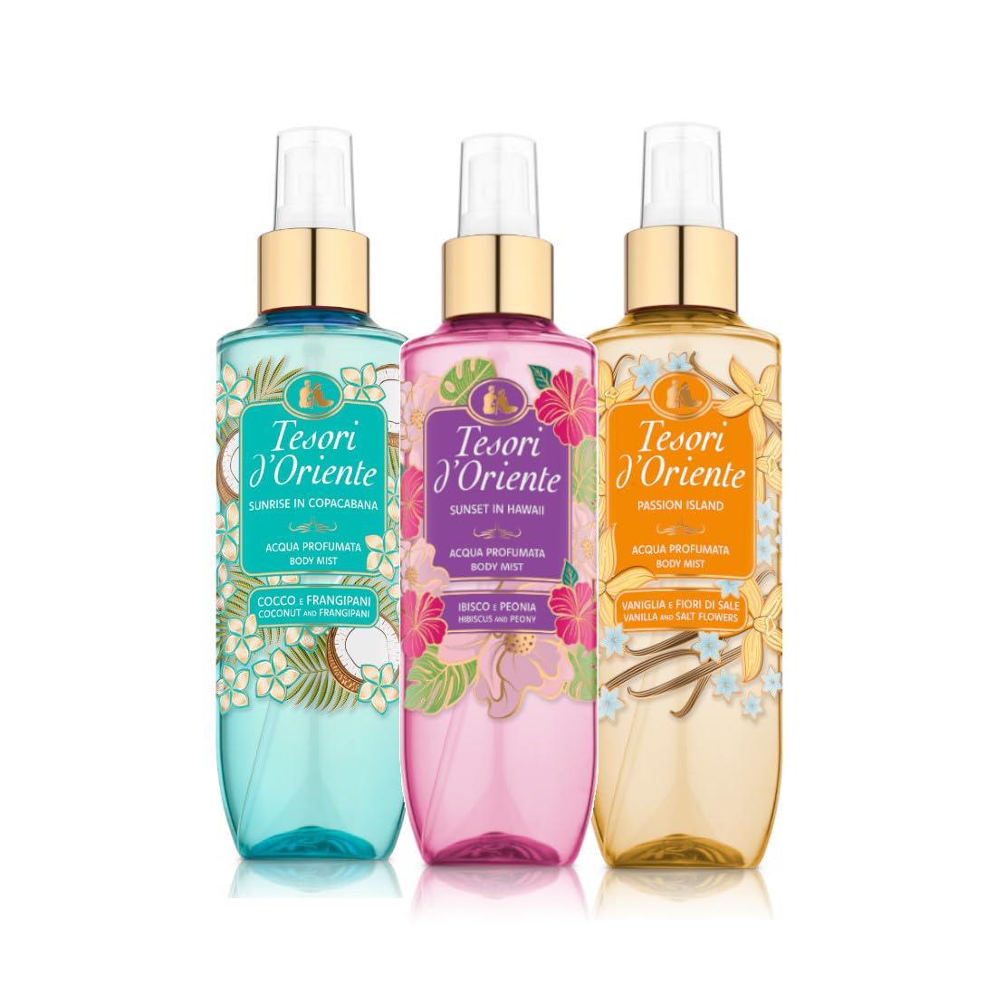 Tesori d'Oriente, Set Acque Profumate Corpo, Fragranze: Cocco e Frangipani, Vaniglia e Fior di Sale, Ibisco e Peonia, Fragranze intense e Avvolgenti, 200ml x3