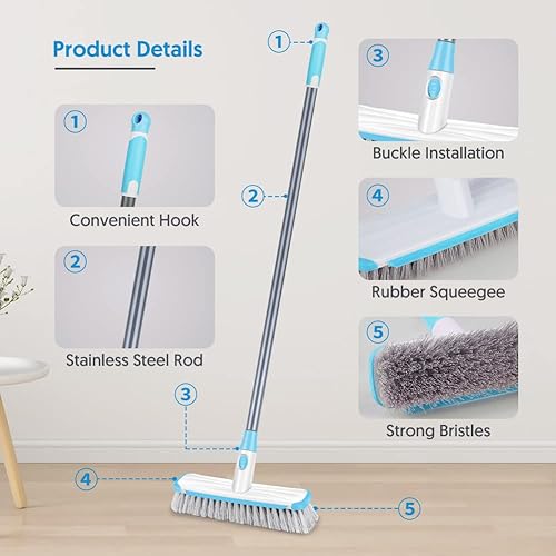 Miniatura 4 de Cepillo de limpieza de suelo con mango largo ajustable, cepillo 2 en 1 para raspar y cepillo de cerdas rígidas, cepillo de limpieza de ducha para