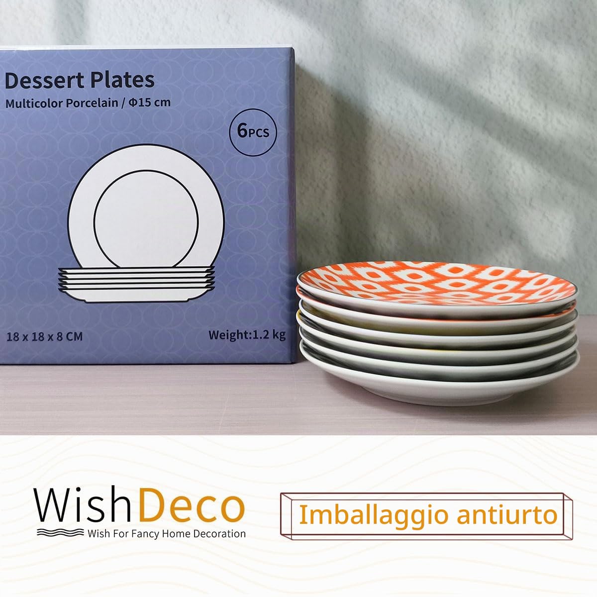 WishDeco Set di 6 Piatti da Dessert, Piatti Piccoli Porcellana 15 cm, Piatto Piani Colorati, Servizio Piatto Moderni per Insalata, Torta, Pasta