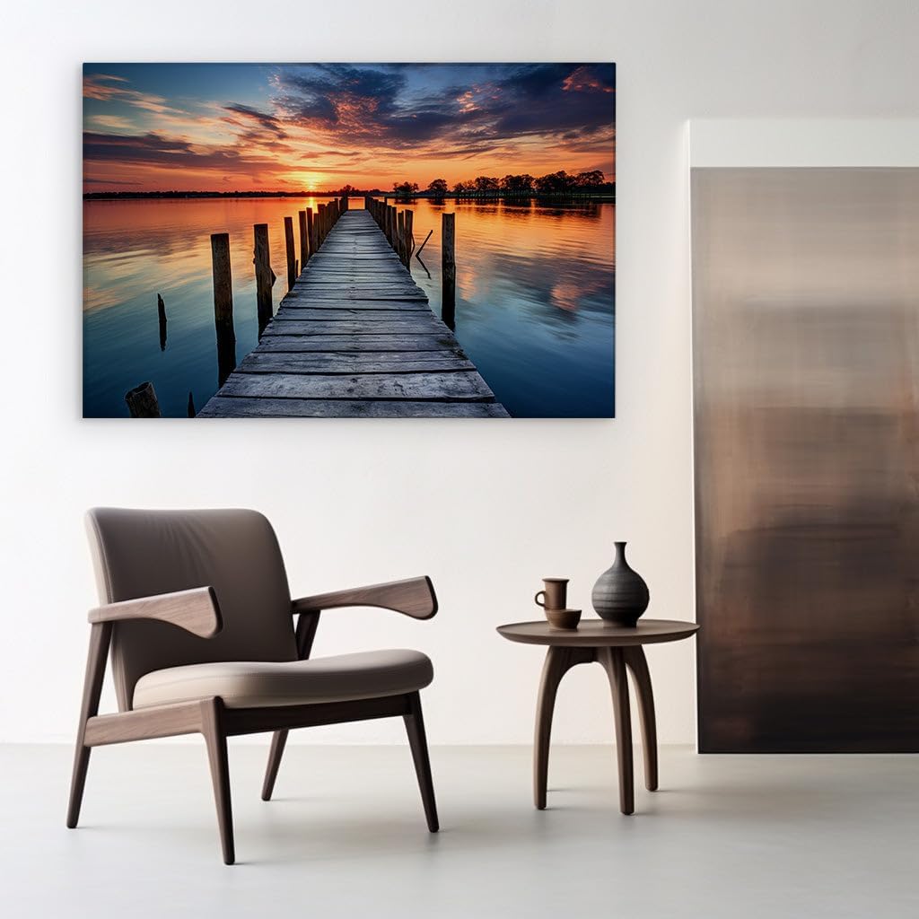 Canvas for Living room. Sunset Serenity on the Old Wooden Pier: A Reflection of Warmth and Possibility, 27 x 18 inch Canvas Wall Art - Contemporary Masterpieces - Modern Home Decor