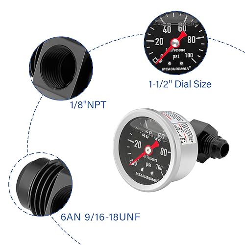 Miniatura 96 de MEASUREMAN - Manómetro de presión de combustible, 0 a 15 psi, acero inoxidable, relleno de glicerina, esfera negra de 1.5 pulgadas, adaptador en T