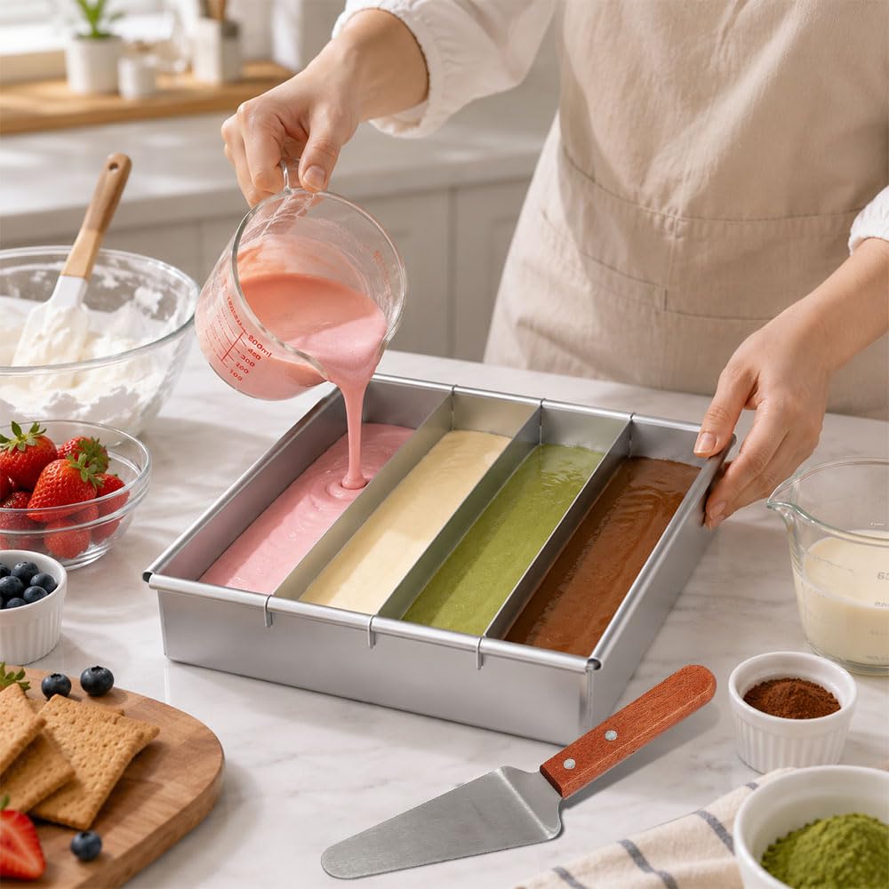 Teglia da Forno Rettangolare Regolabile in lega di Alluminio | per la Preparazione di Toast Pane Torte a strati,30×20×5.2cm,con 4 Scomparti,Stampo per Tiramisù,Teglia Forno Rettangolare