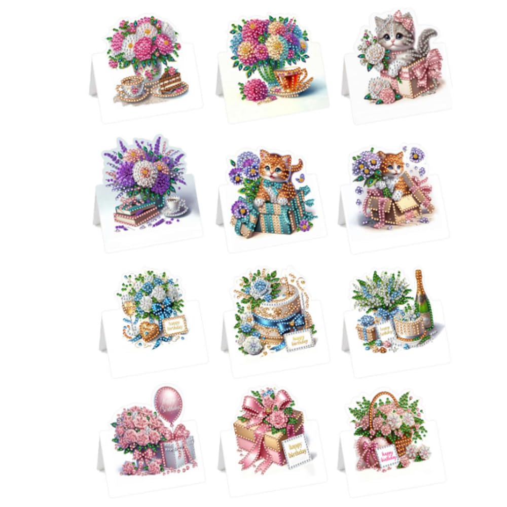 12 Packs DIY Diamond Art Birthday Cards with Envelopes – 5D Crystal Diamond Art Painting Card Kits for Family and Friends, Handmade Postcard Gifts for Birthday