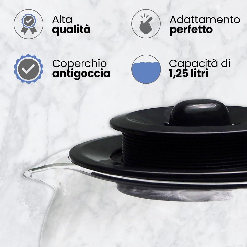 Anakel Home Caraffa caffettiera universale compatibile con caffettiera americana o a goccia elettrica | Caraffa bombata, vetro, coperchio antigoccia con altezza regolabile 11,5-13 cm, capacità 1,25 l