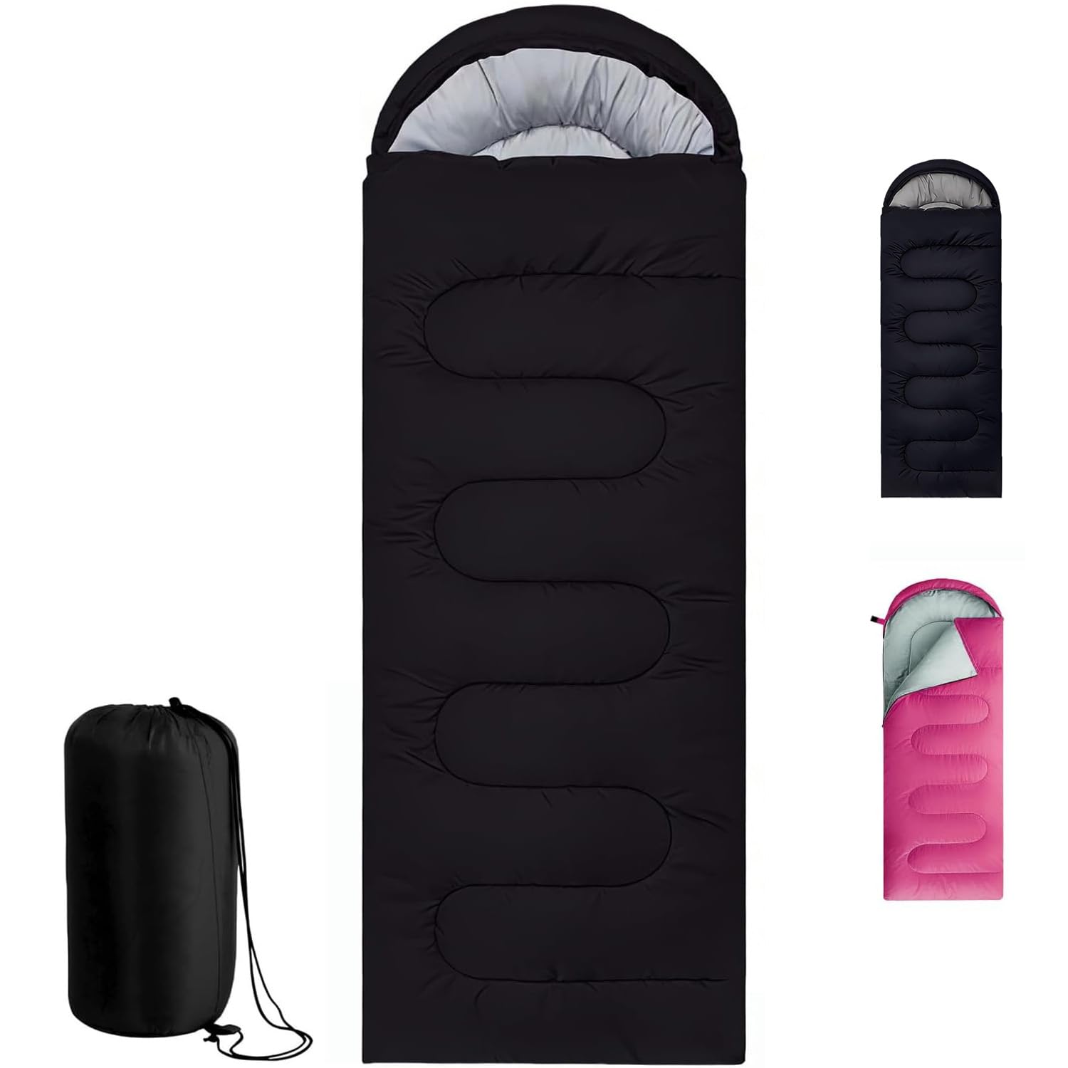 Lightweight Camping Sleeping Bag with Hood 3 Season, Single Adult