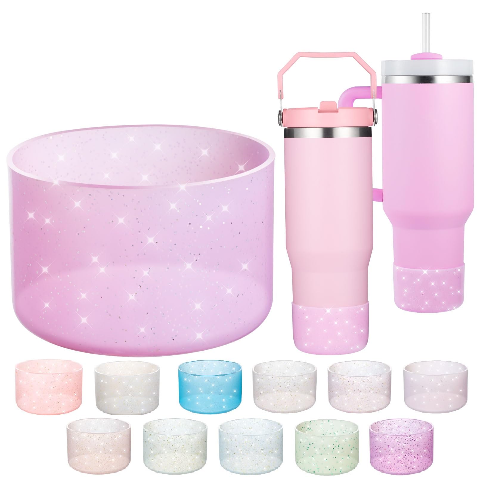 Onlymory Silicone Boot for 30 40 OZ Stanley Cup Accessories, Glitter Boots for Stanley 20OZ 30OZ Tumbler Ice-Flow 16OZ Bottle, Anti-Slip Bling Protector Bottom Cover Sleeve, Clear Pink Glitter Silver