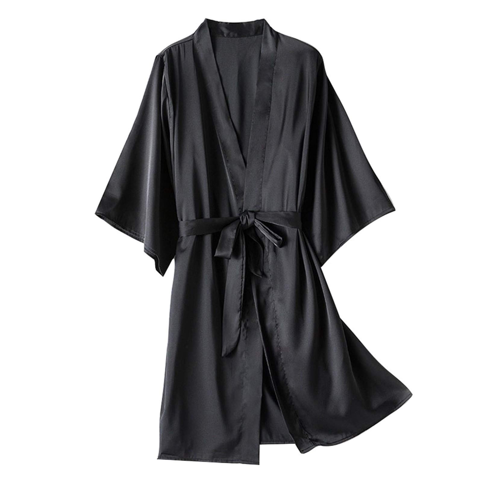 Womens Knee Length Kimono Robe 3 4 Sleeves V-Neck Loungewear Lightweight Bathrobe with Self-Tie Belt for Spa Home