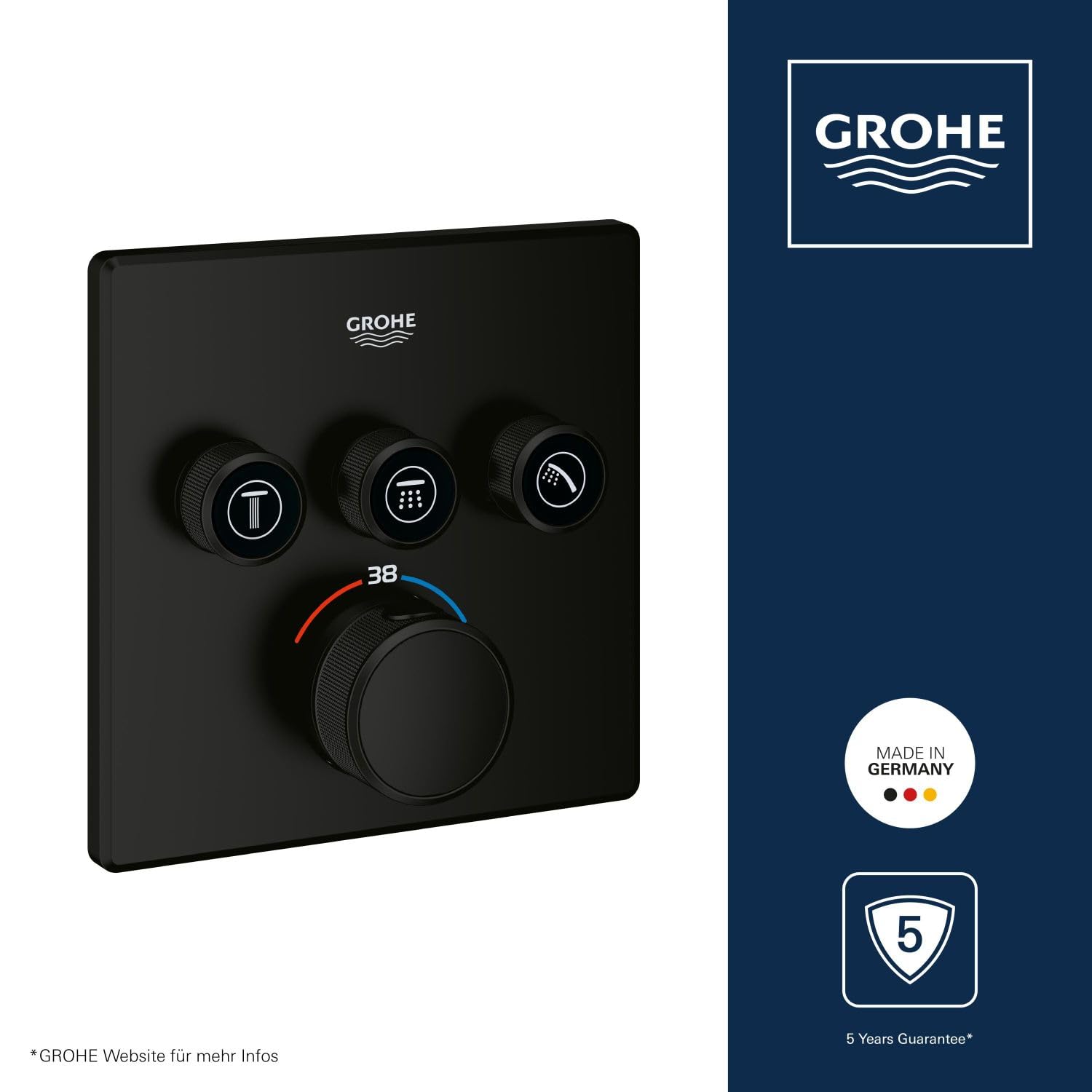 GROHE Grohtherm Smartcontrol, Duscharmatur Thermostat Unterputz (3 Absperrventile, ultraflaches Design, Wandrosette aus Metall, Fertigmontageset, ohne Rohbau-Set SmartBox) mattschwarz, 291262430