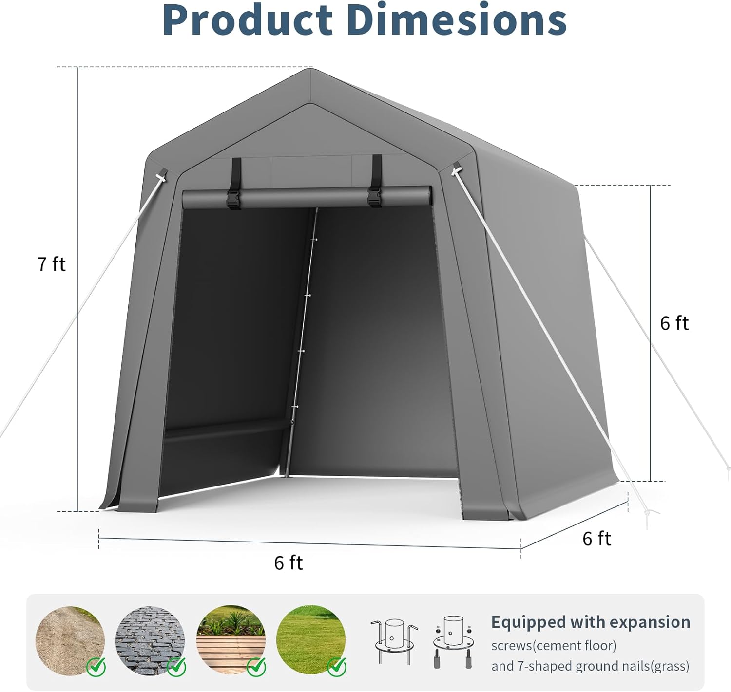 Garvee 6 ft x6 ft Outdoor Portable Storage Shed, Waterproof & UV-Resistant Garage Shelter with 2 Roll-Up Zipper Doors, Anti-Snow Carport Tent for Motorcycle, Bike, and Outdoor Equipment, Gray - Image 7